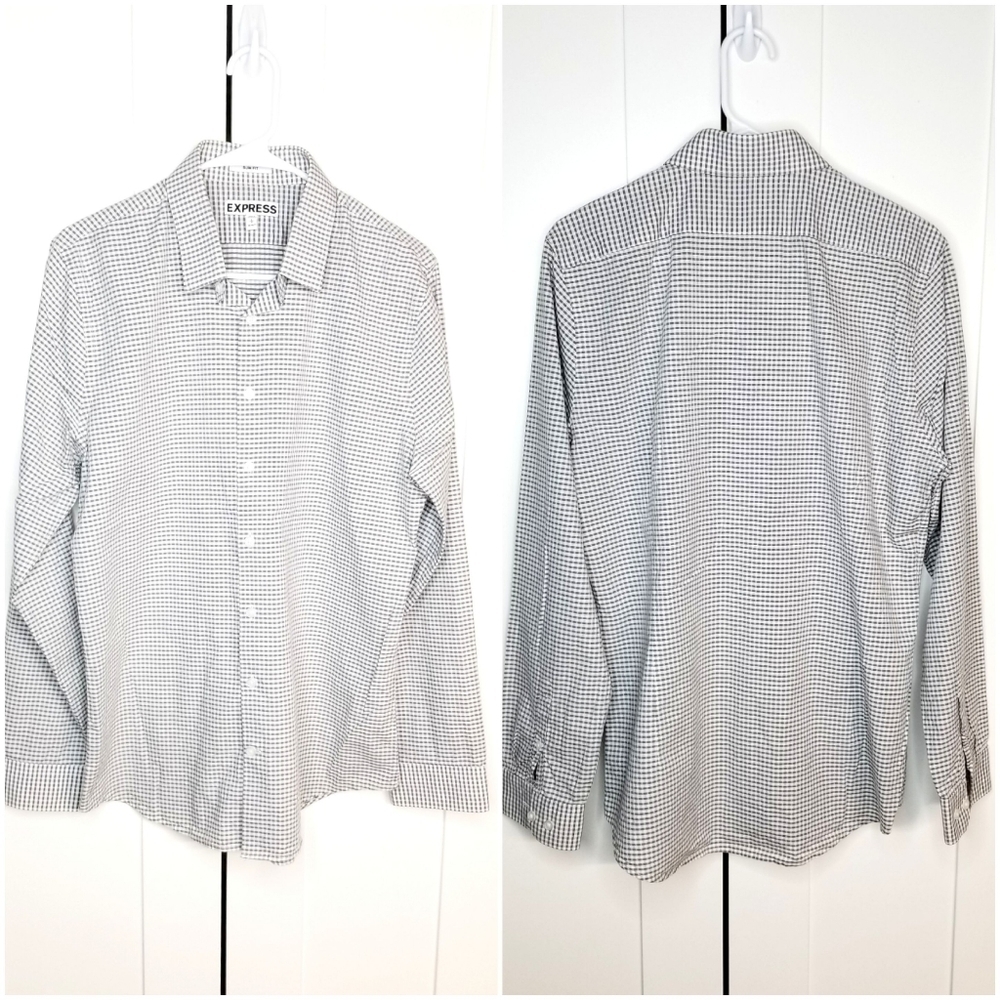 Express Womens Gray/WhiteTextured Plaid Slim Fit Longsleeve Casual Buttondown, L